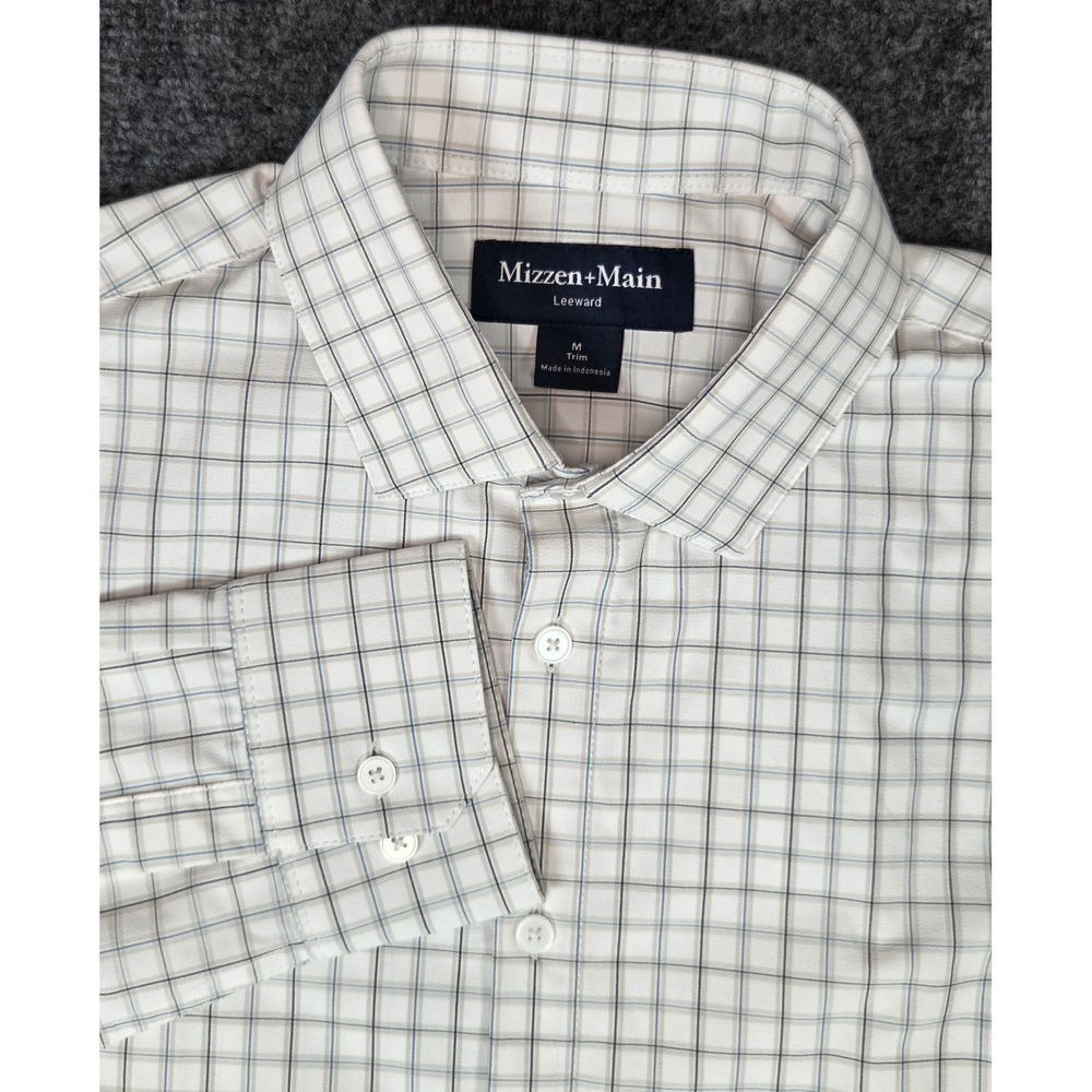 Mizzen+Main Leeward Dress Shirt Mens Medium Trim Fit Check Blue White Stretch